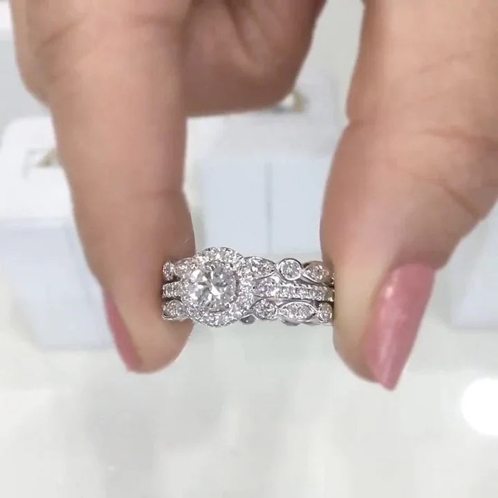 Exquisite 3-Piece Halo Round Cut Sterling Silver Bridal Sets- ONLY Size 7.0 Avaliable