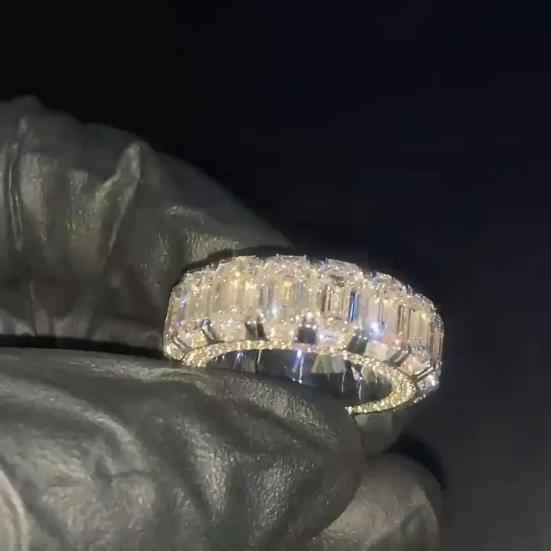 Men's 1ct Each Emerald Cut White Sapphire Eternity Paved Handmade Engagement Ring