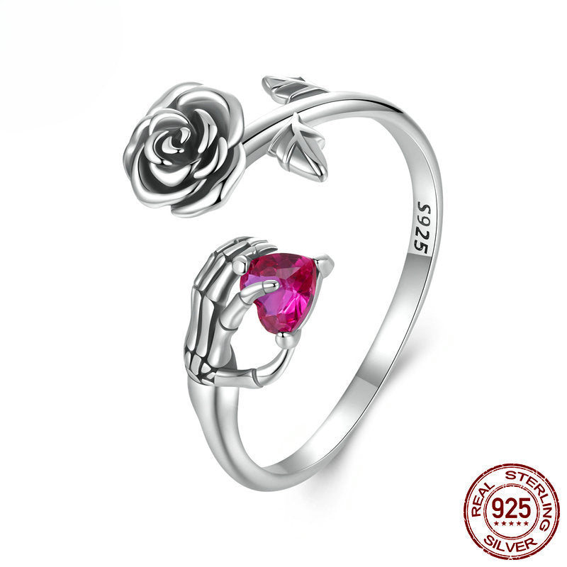 Halloween Rose skeleton Heart Sterling Silver Open Ring