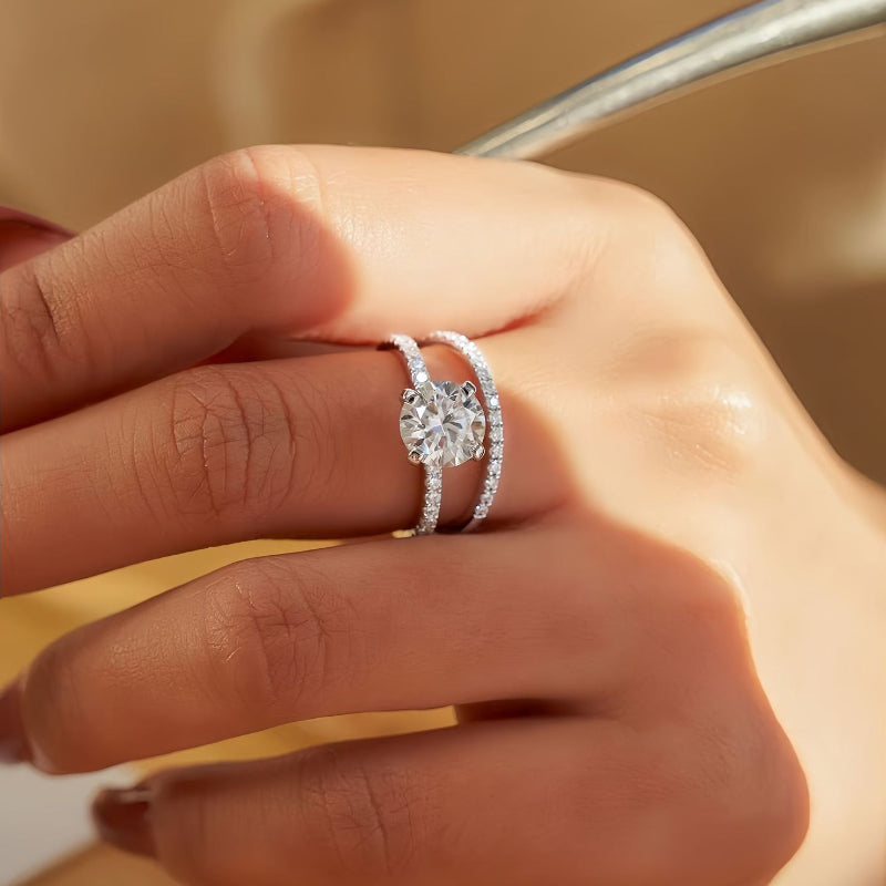 Classic 4 Prong Round Cut Sterling Silver Engagement Ring with Band