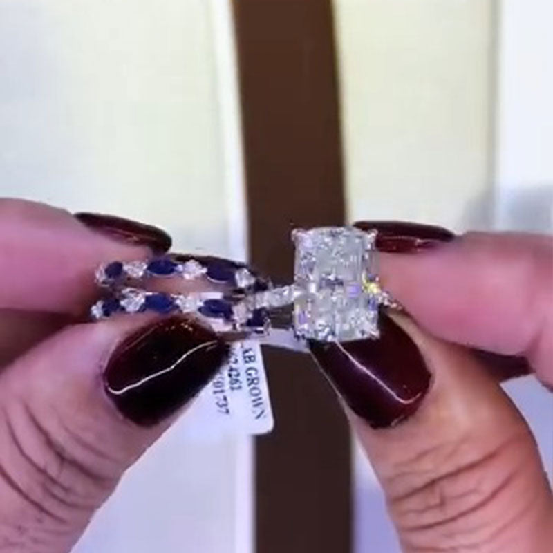 Vintage 2 PCS Blue Cushion Cut Sterling Silver Bridal Set