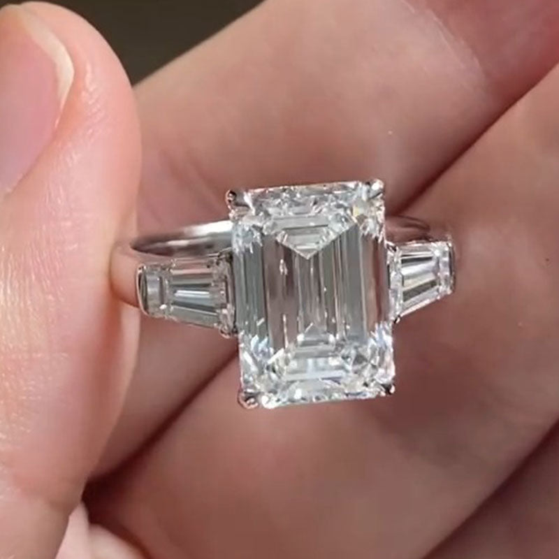 Classic Three Stone Emerald Cut Sterling Silver Engagement Ring