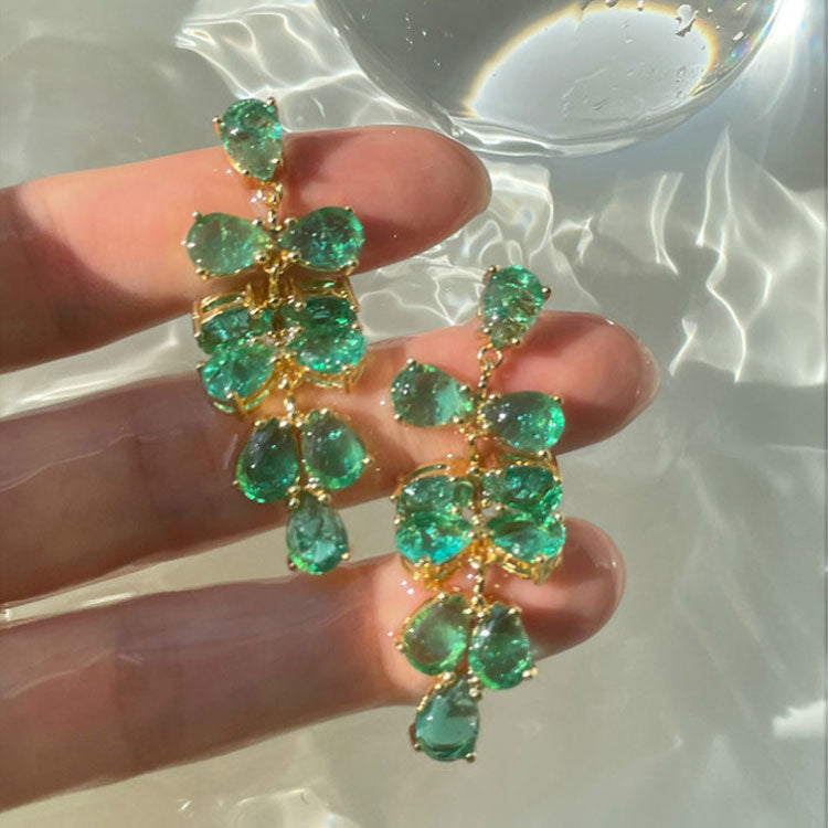 Golden Tone Emerald Green Simulate Crystal Leaves Drop Earrings