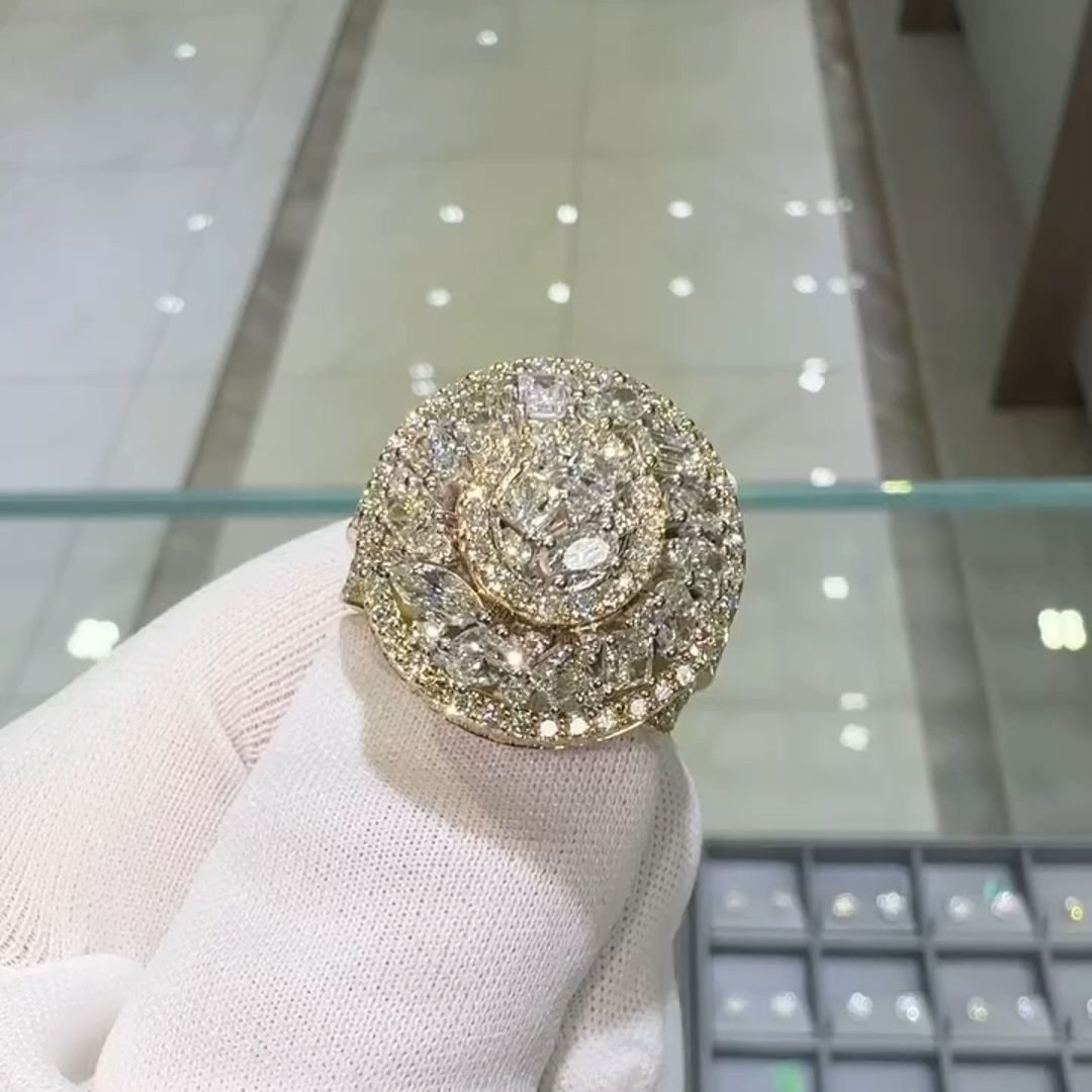 36ctw Oval Cut and Cushion Cut Sterling Silver Plated Yellow Gold Handmade Men's Ring