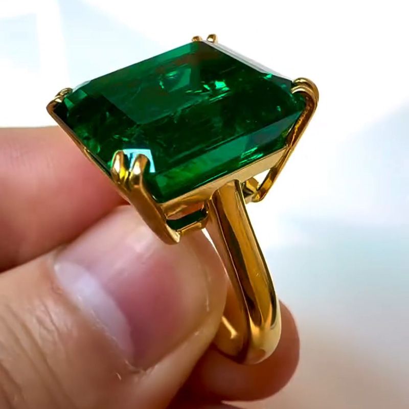 Handmade 12ct Asscher Cut Emerald Green Yellow Gold Simple Men's Ring