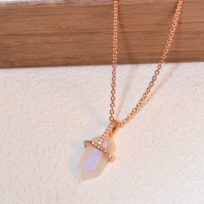 Hexagonal Crystal Moon Stone Sterling Silver Necklace
