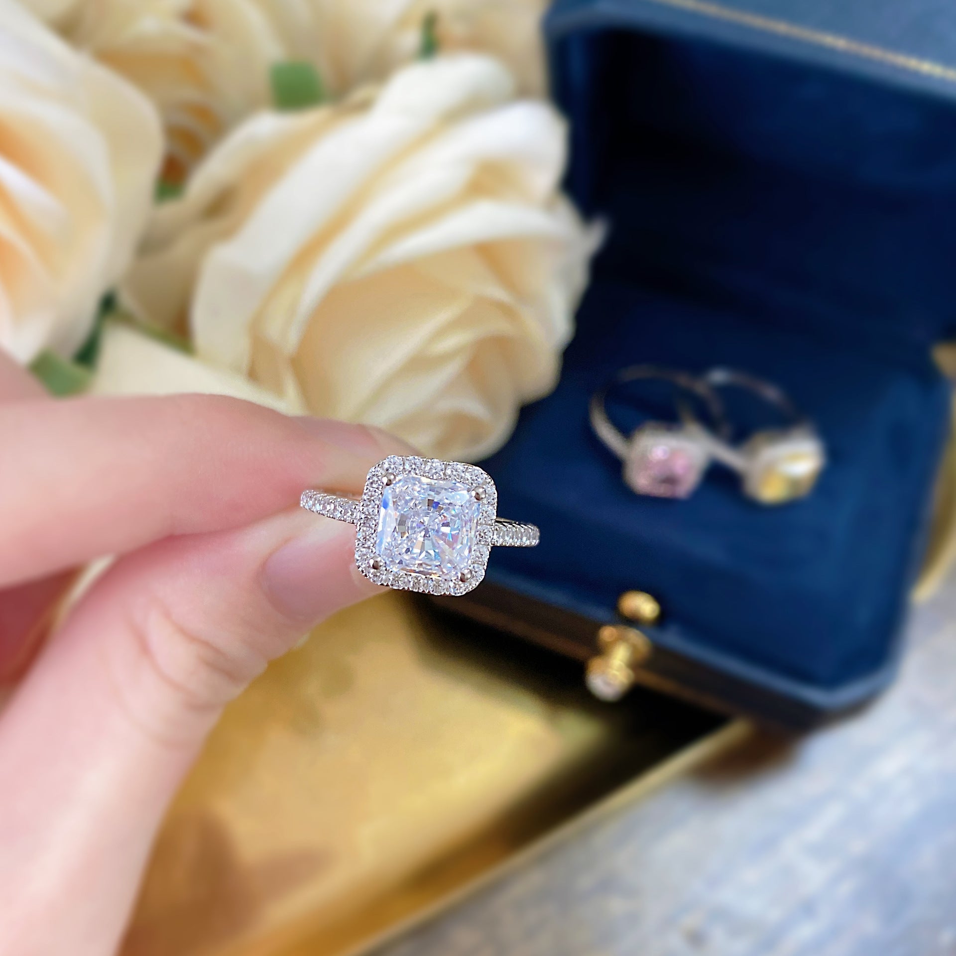 Vintage Cushion Cut Halo Design Yellow Sterling Silver Ring