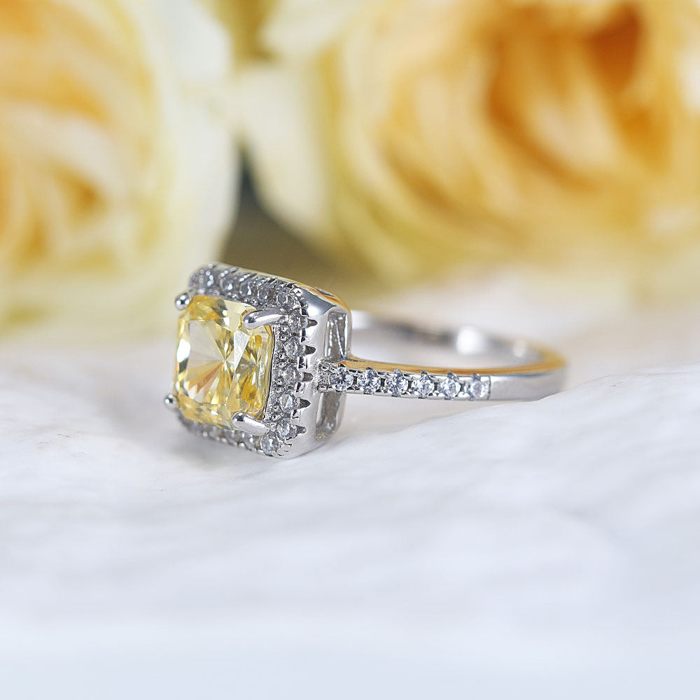 Vintage Cushion Cut Halo Design Yellow Sterling Silver Ring