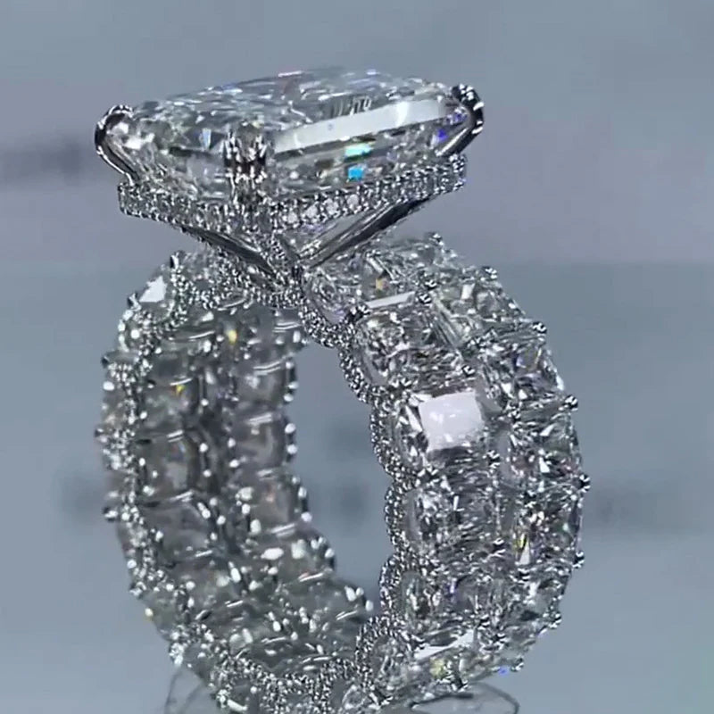 2Pcs Hidden Halo Radiant Cut Sterling Silver Bridal Set Rings