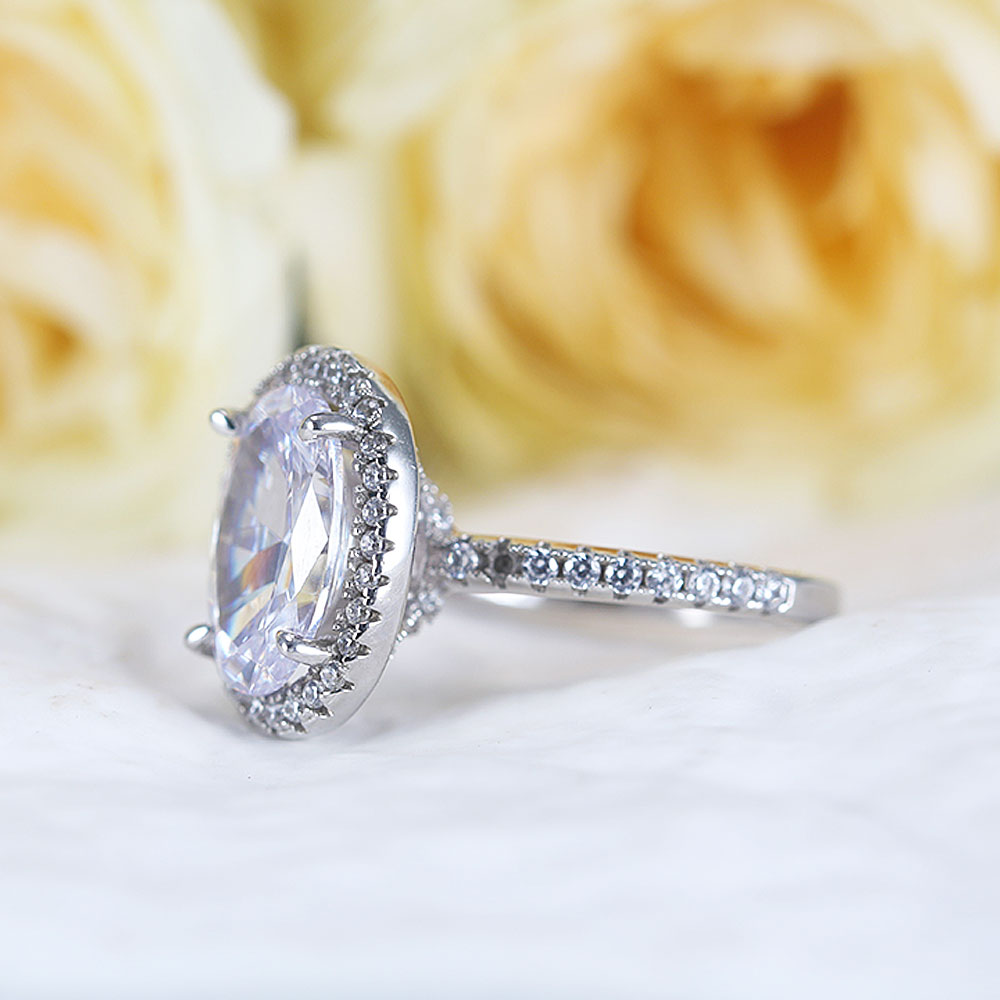 Stunning Oval Cut Halo Design Sterling Silver Engagement Ring