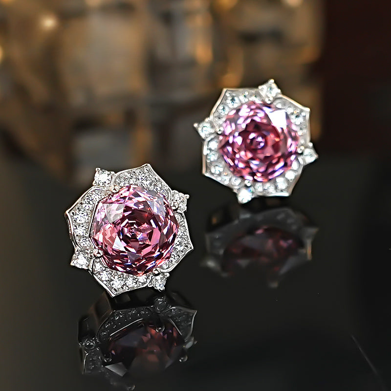 Pink Flower Design Sterling Silver Stud Earrings