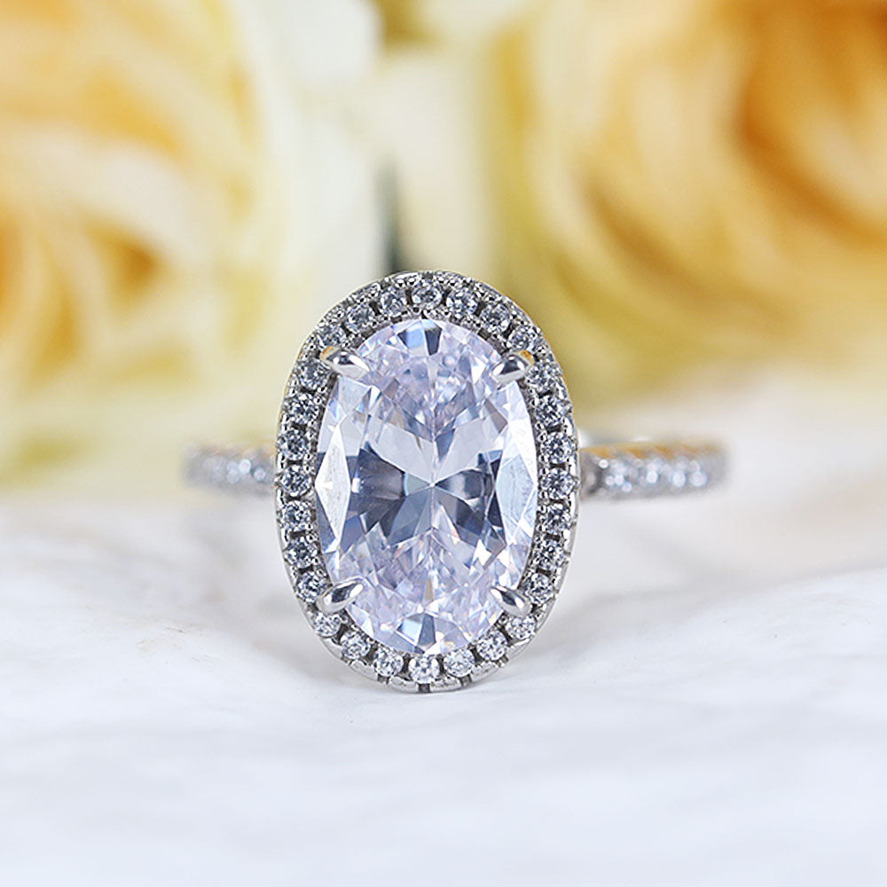 Stunning Oval Cut Halo Design Sterling Silver Engagement Ring