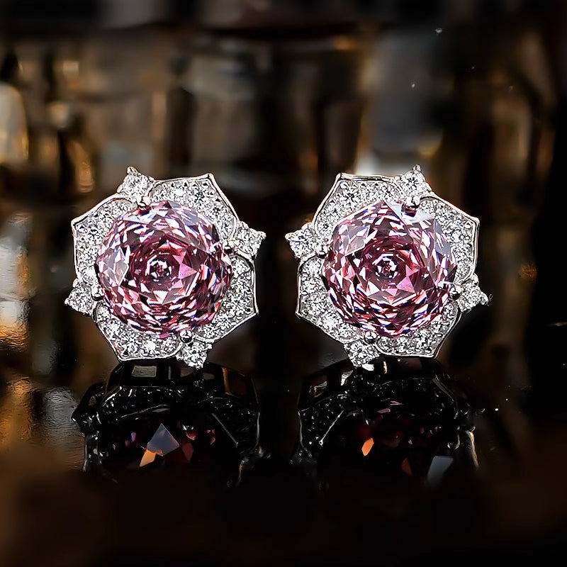 Pink Flower Design Sterling Silver Stud Earrings