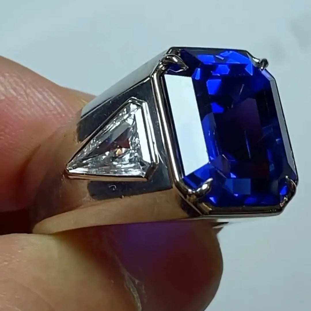 Handmade 10ct Cushion Cut Sapphire Sterling Silver Men's Ring