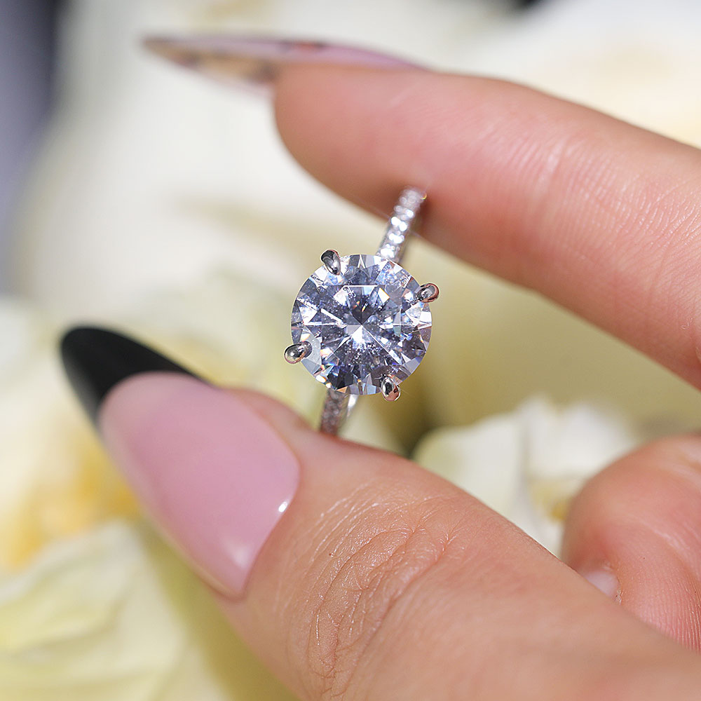 Classic Round Cut Sterling Silver Ring With Half Eternity Band