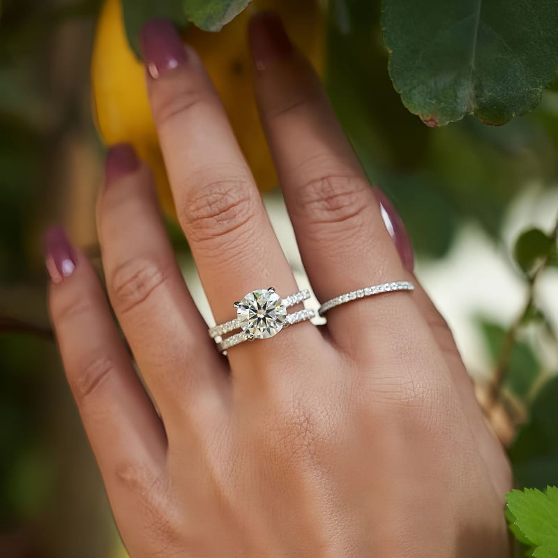 Classic 4 Prong Round Cut Sterling Silver Engagement Ring with Band