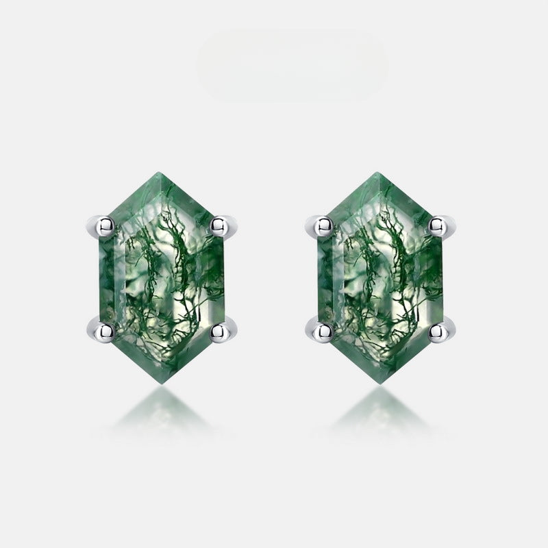 Geometric Green Moss Agate Sterling Silver Stud Earrings