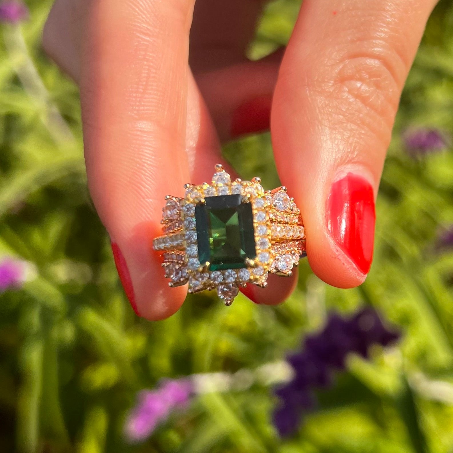 Vintage Green Emerald Cut Halo Insert Design 2 Pcs Bridal Sets