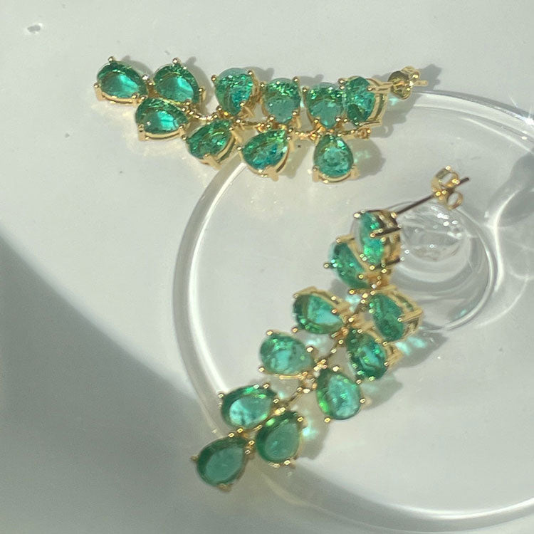 Golden Tone Emerald Green Simulate Crystal Leaves Drop Earrings