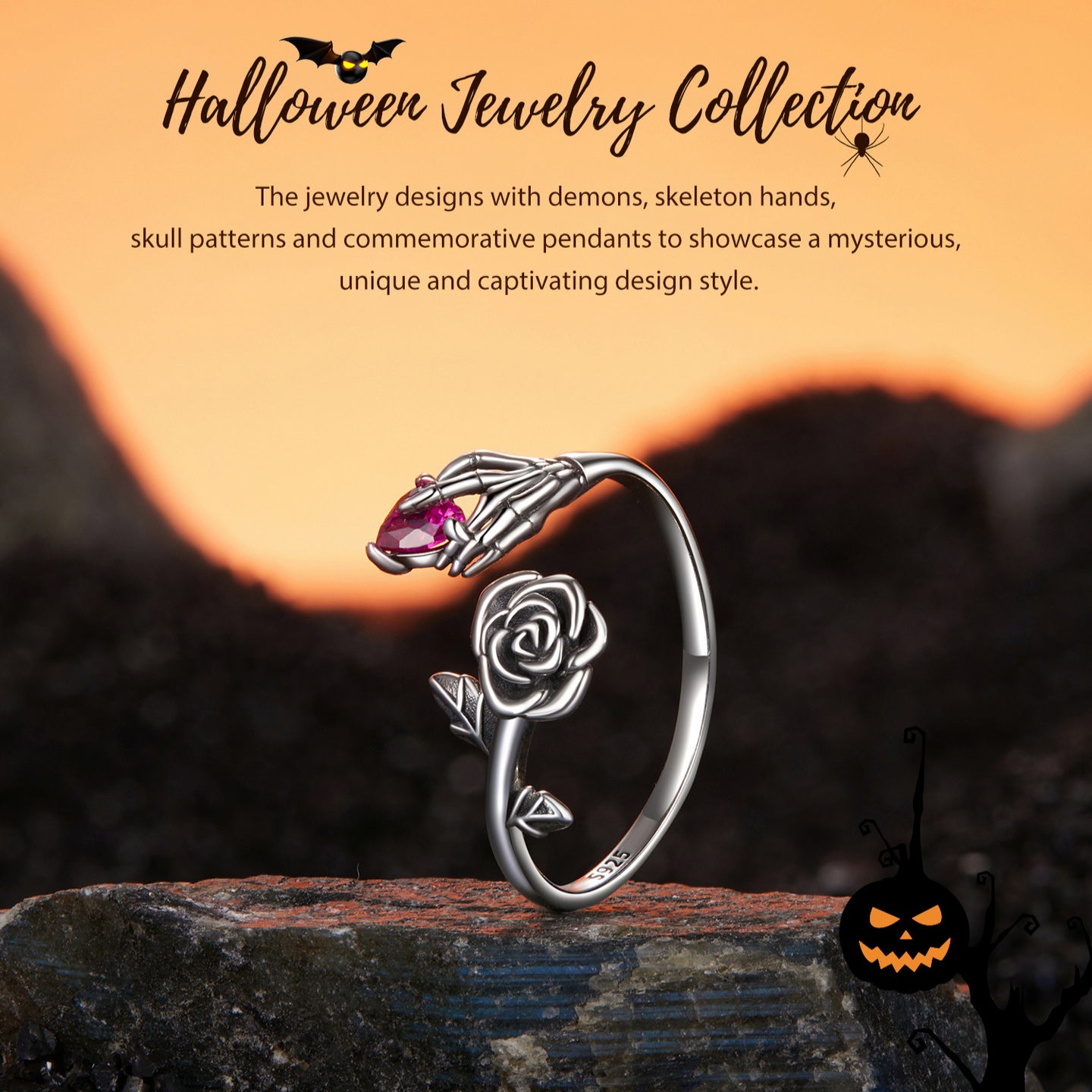 Halloween Rose skeleton Heart Sterling Silver Open Ring