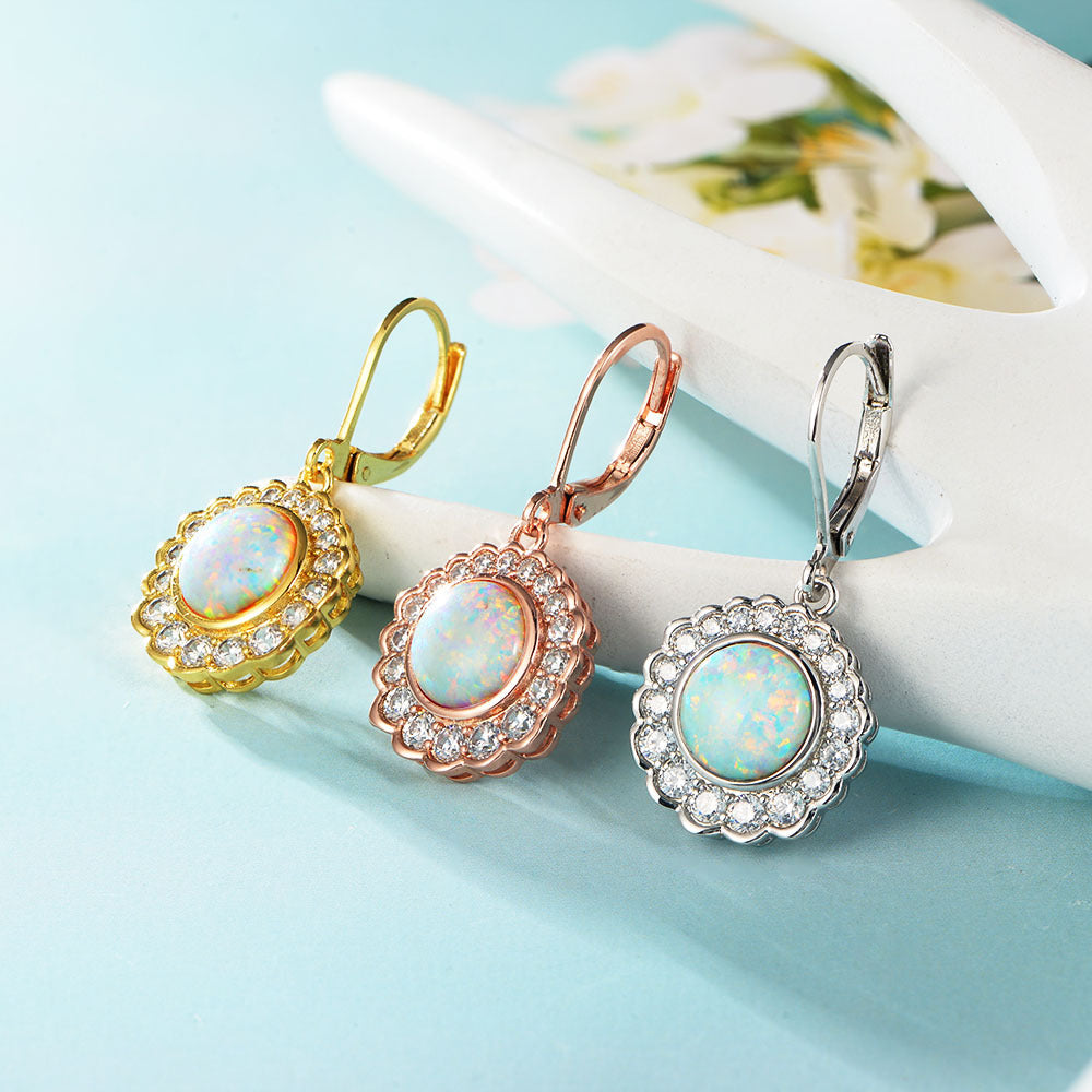 Opal Halo Sterling Silver Drop Earrings