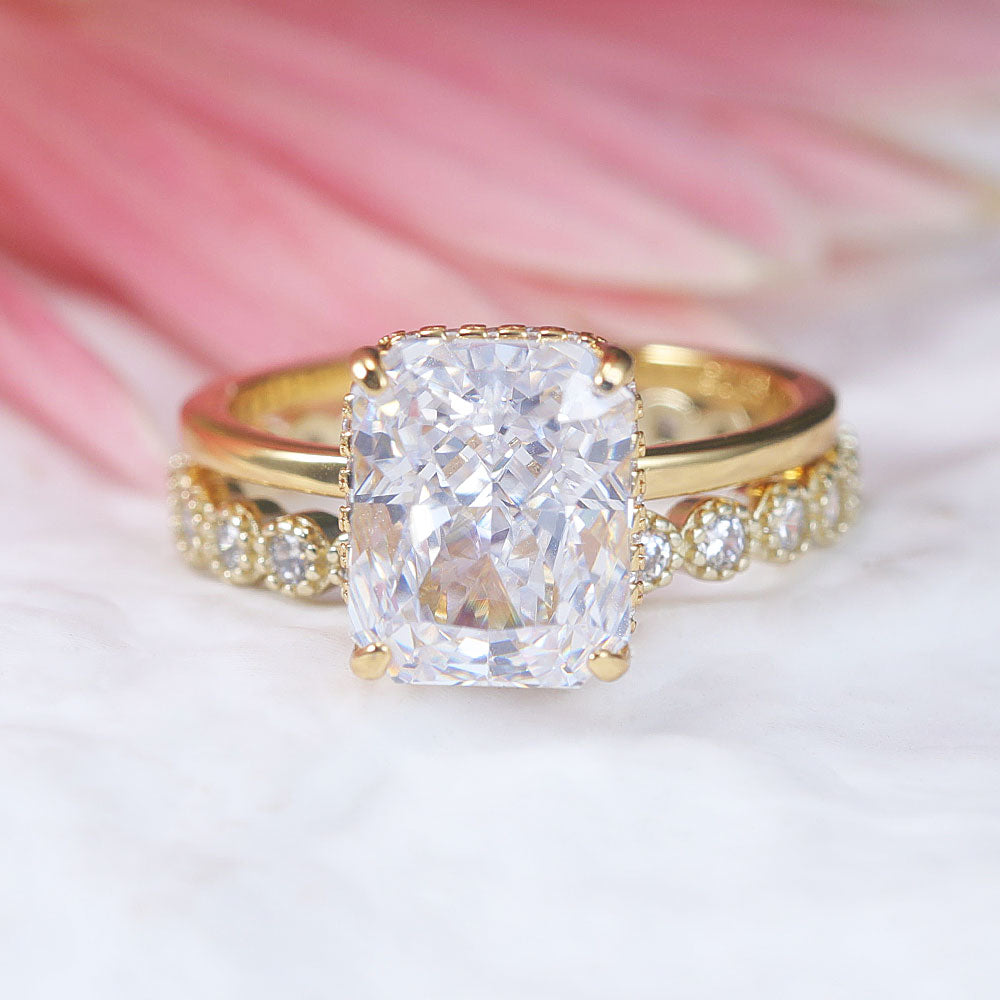 2 Pcs Radiant Cut With Hidden Halo Design Sterling Silver Ring Set