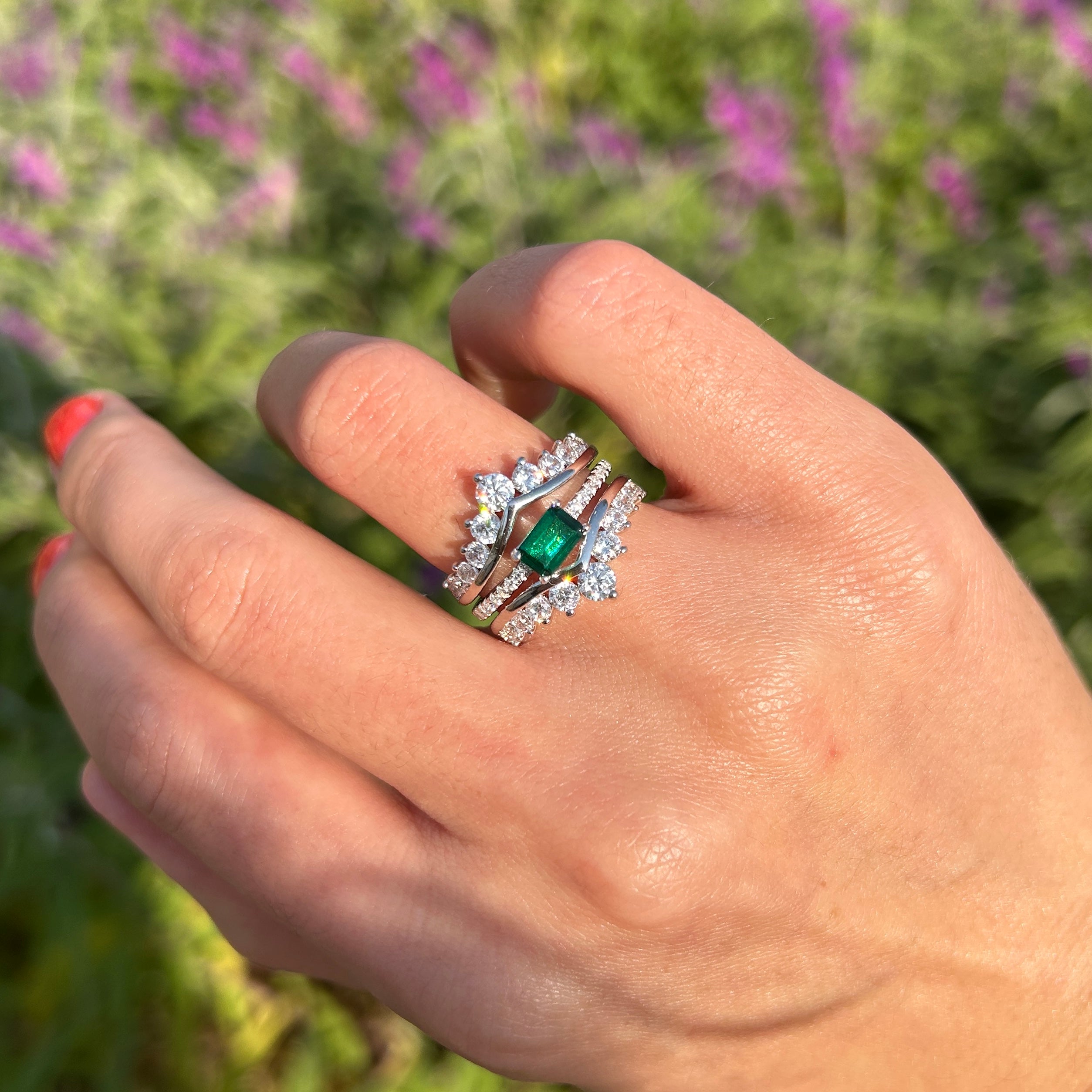 2 Pcs Green Emerald Cut Insert Bridal Sets In Sterling Silver