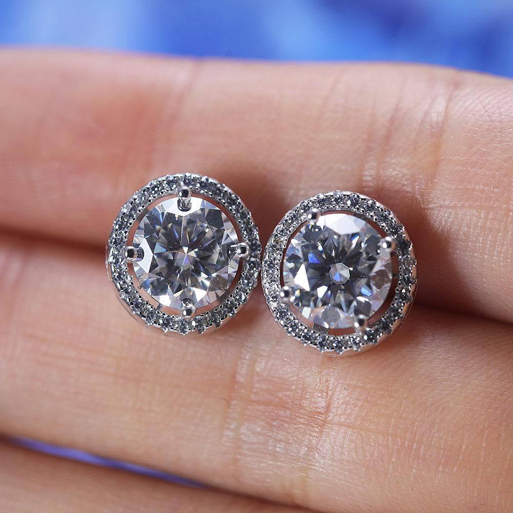 D Color Moissanite Round Cut Halo Design Sterling Silver Stud Earrings