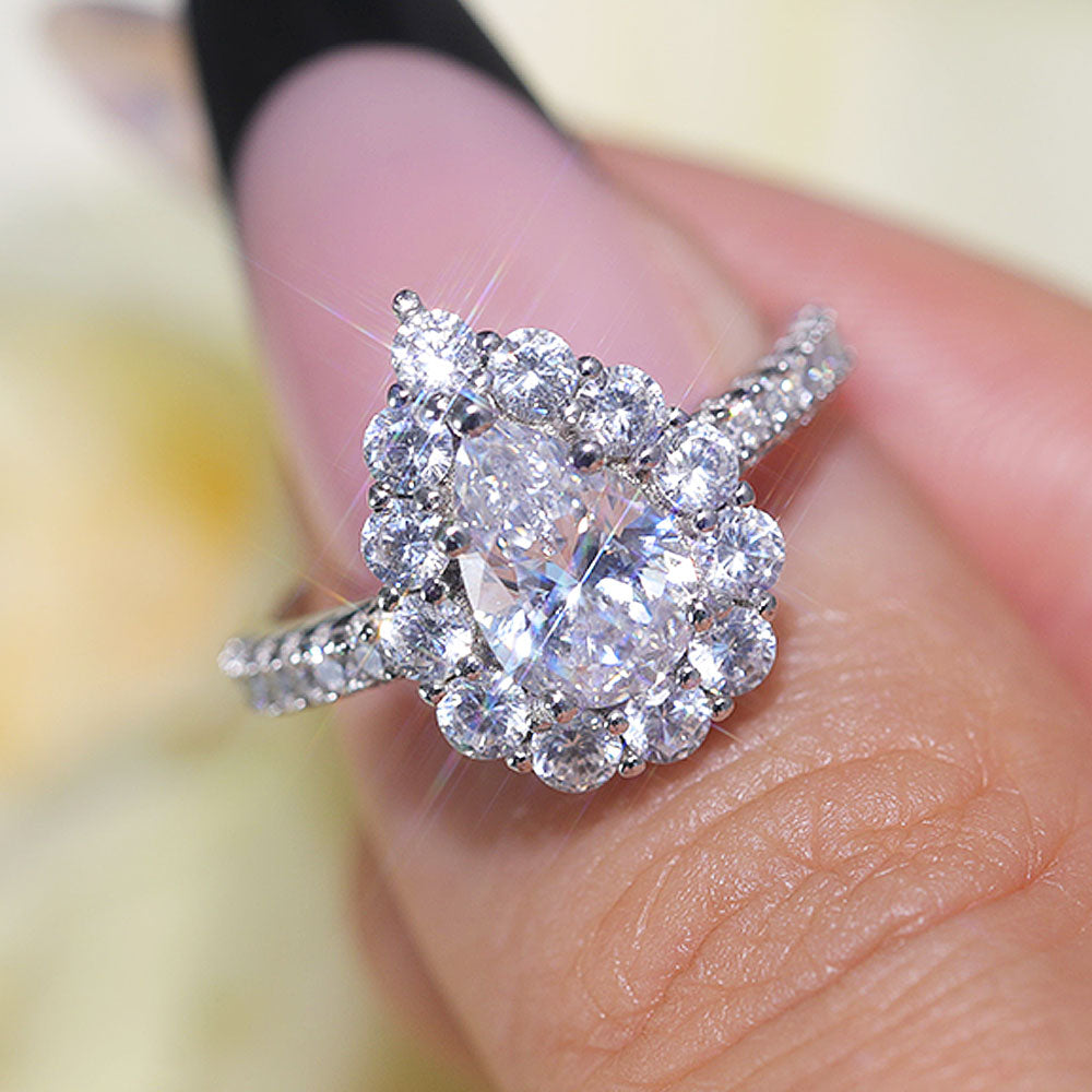 Stunning Pear Cut Halo Design Sterling Silver Engagement Ring
