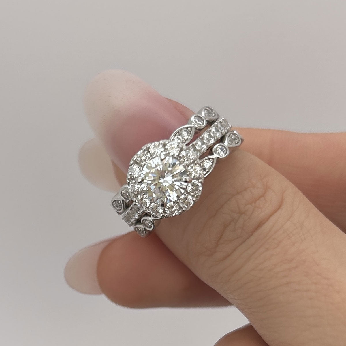 Exquisite 3-Piece Halo Round Cut Sterling Silver Bridal Sets- ONLY Size 7.0 Avaliable