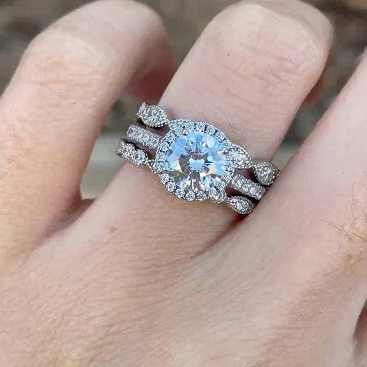Exquisite 3-Piece Halo Round Cut Sterling Silver Bridal Sets- ONLY Size 7.0 Avaliable