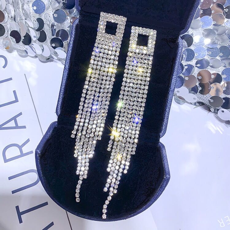 Chic Rhinestones Fringe Drop Earrings In Sterling Silver