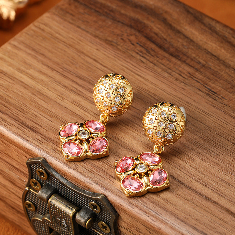 Vintage Pink Flower Design Golden Tone Drop Earrings