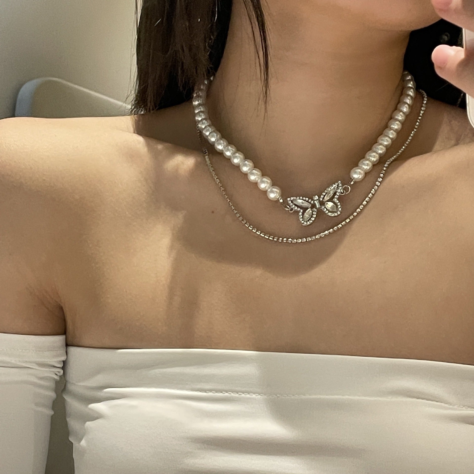 Butterfly Design Pearl Double Layered Choker