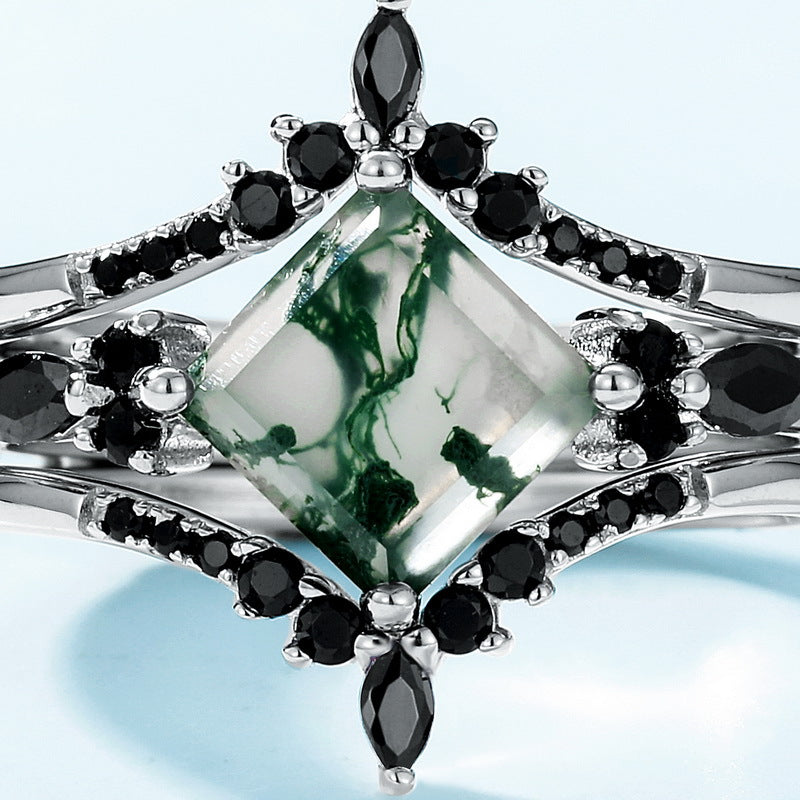 3 Pcs Geometric Natural Black And Green Moss Agate Ring Set