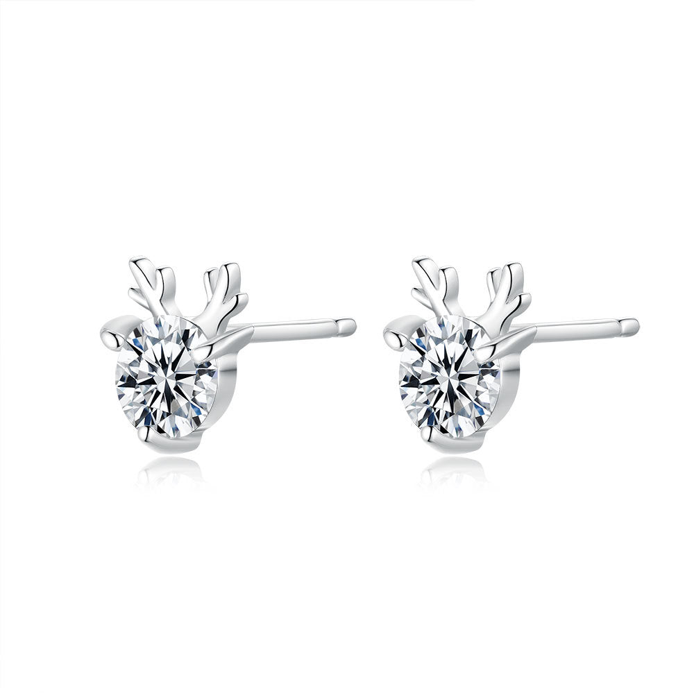 Cute Antler Reindeer Design Moissanite Silver Earrings