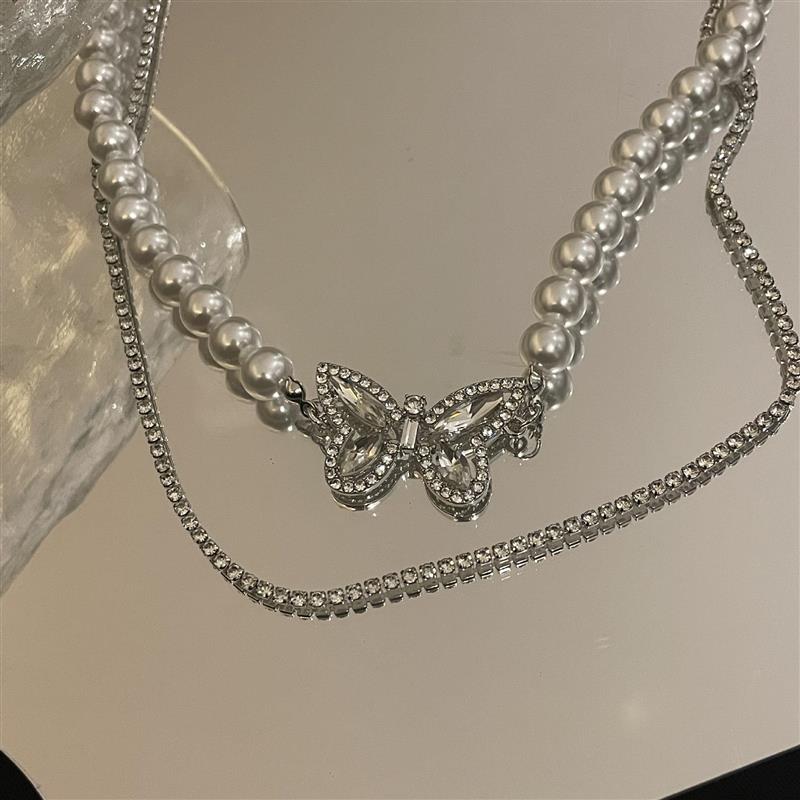 Butterfly Design Pearl Double Layered Choker