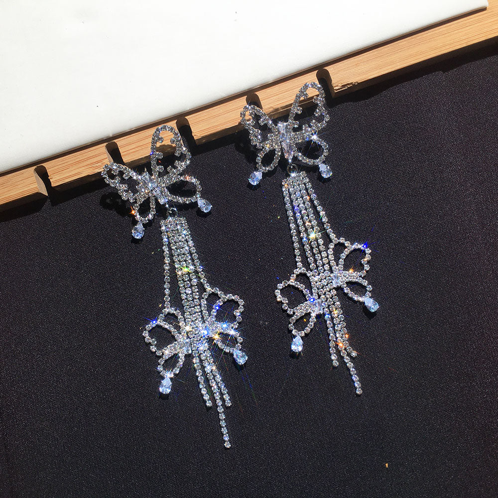 Butterfly Design Drop Earrings With Long Fringe