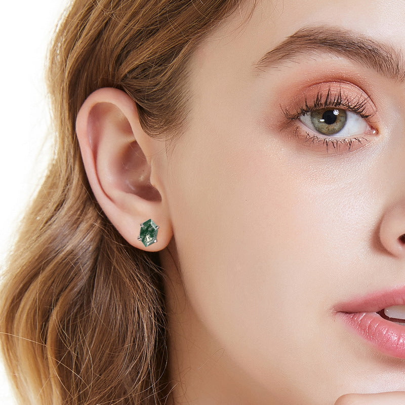 Geometric Green Moss Agate Sterling Silver Stud Earrings