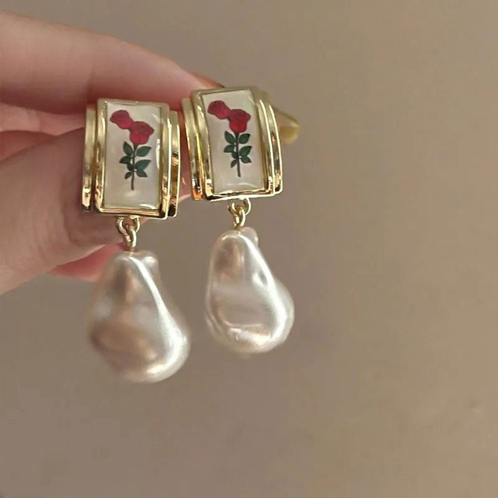 Vintage Red Rose Pearl Drop Earrings