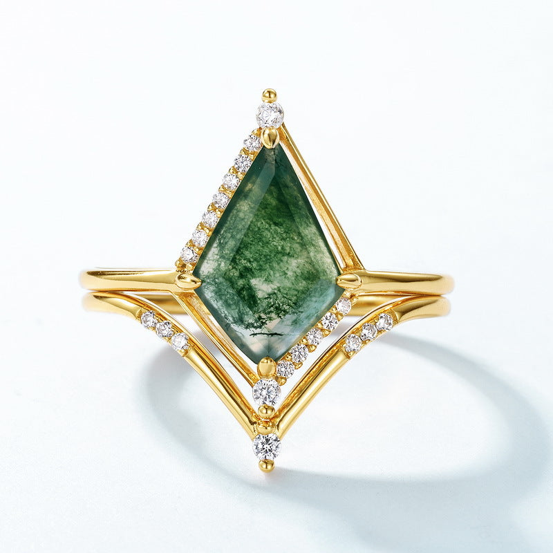 Geometric Natural Green Moss Agate Ring Set