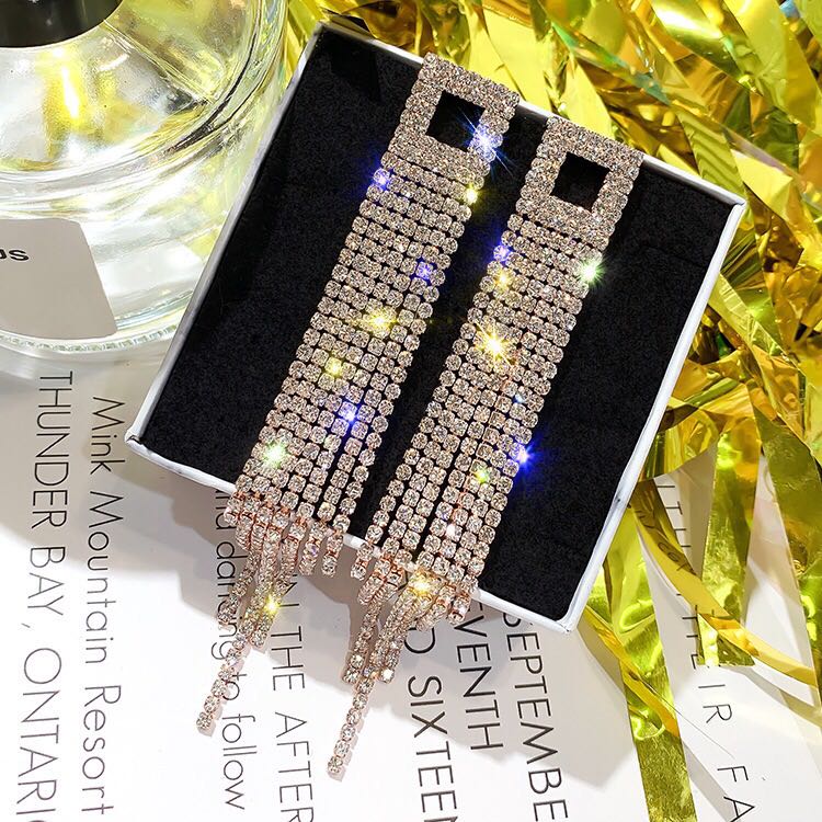 Chic Rhinestones Fringe Drop Earrings In Sterling Silver