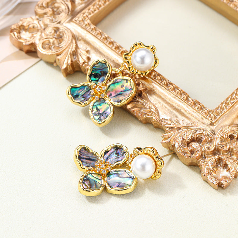 Retro Abalone Flower Pearl Tassel Earrings