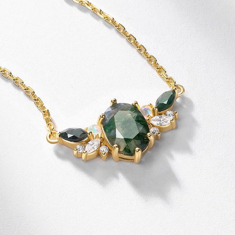 Luxury Natural Green Moss Agate Silver Neckalce