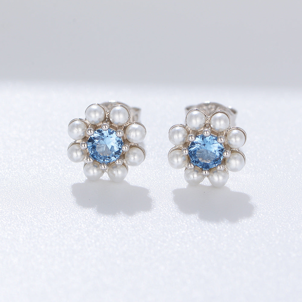 Blue Flower Design Pearls Stud Earrings
