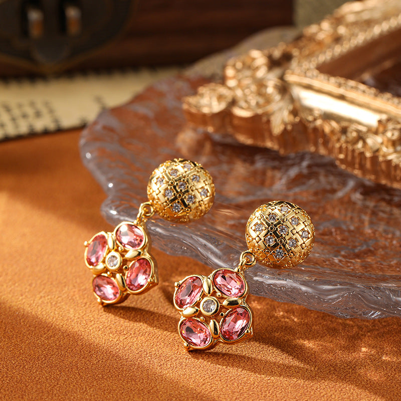 Vintage Pink Flower Design Golden Tone Drop Earrings