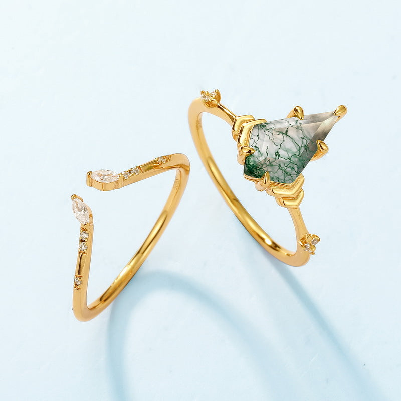 Natural Green Moss Sterling Silver Ring Set