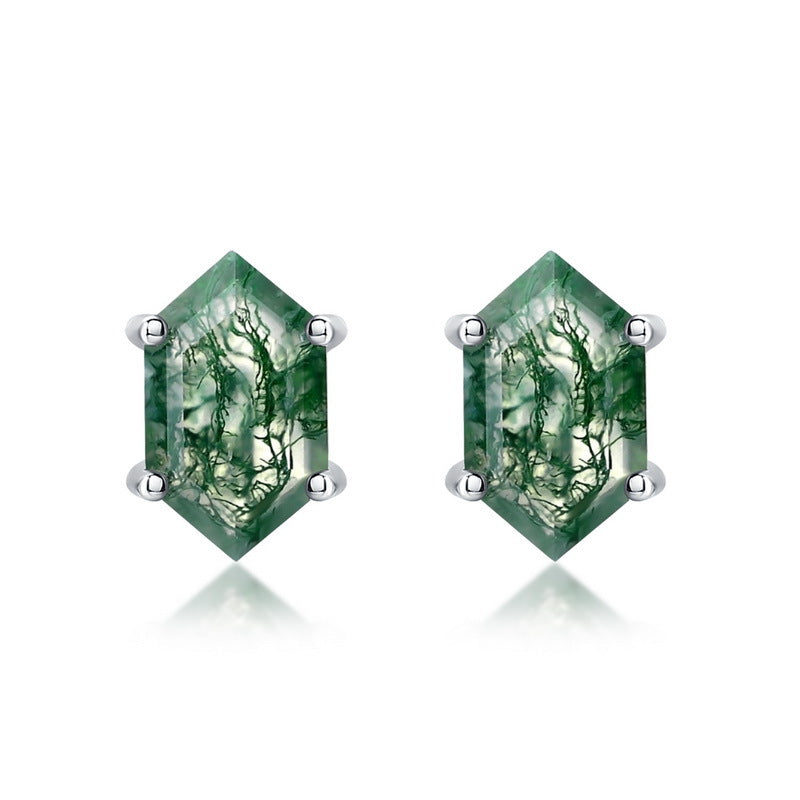 Geometric Green Moss Agate Sterling Silver Stud Earrings