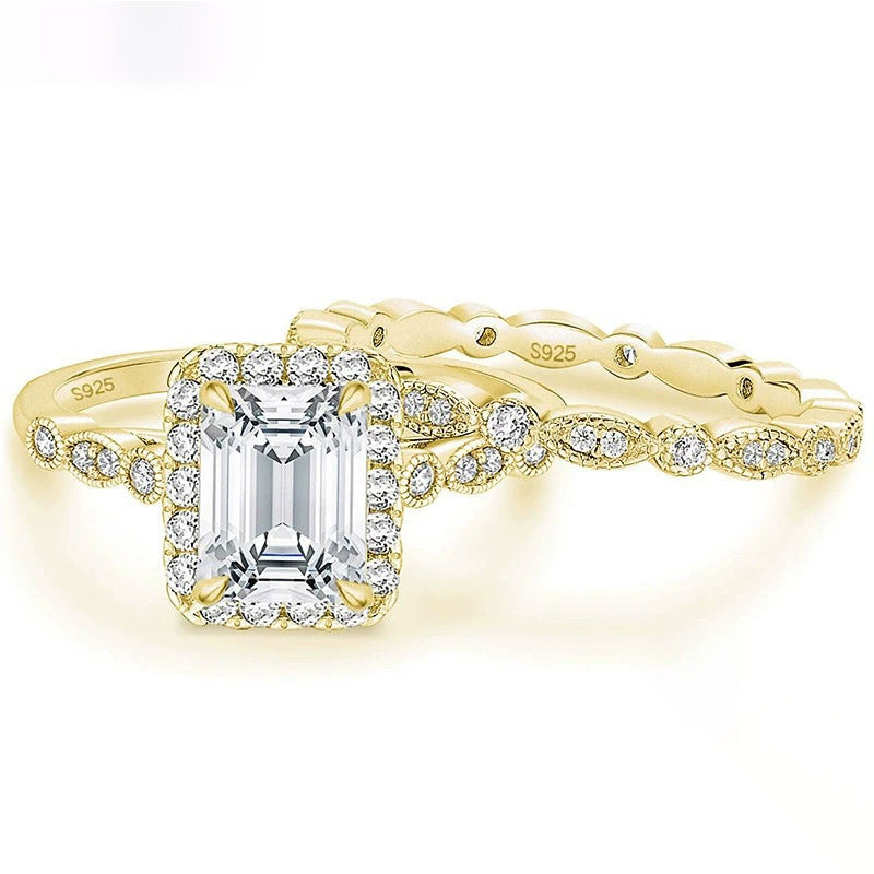 2.0 CT Emerald Cut Halo Sterling Silver Ring Set