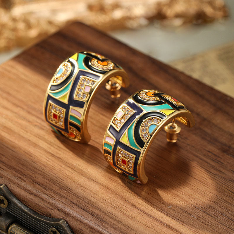 Luxury Vintage Flower Enamel Heart Earrings